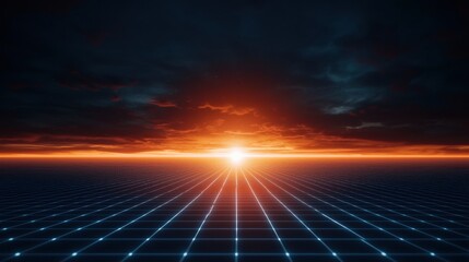 Wall Mural - Futuristic sunset over a grid landscape