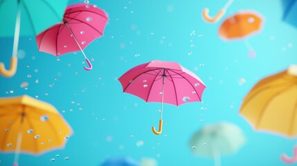 Wall Mural - Colorful umbrellas floating in a blue sky with raindrops