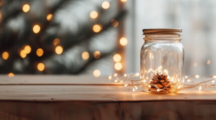 Wall Mural - cozy holiday decor with a pine cone in a glass jar