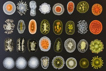 Leinwandbilder - Evolving bacteria showcased in a detailed sequence with various forms and colors under microscopic observation. Generative AI