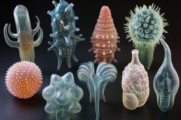 Leinwandbilder - Exploring a remarkable sequence of evolving bacteria showcasing various forms and textures in a scientific study. Generative AI