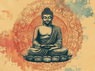 Wall Mural - a serene zen buddha illustration combined with a mandala background, blending spiritual motifs with 
