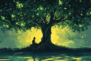Wall Mural - a vector art of meditation under the bodhi tree, highlighting the sacred tree intricate details and 