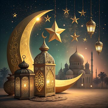Golden crescent moon, traditional lanterns, and stars form an elegant Eid festival art,  Islamic celebration 

