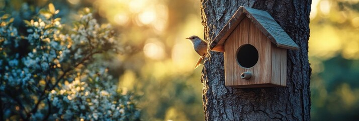 Poster - Wooden birdhouse hangs on tree with small birds perched close in a serene outdoor setting. Generative AI