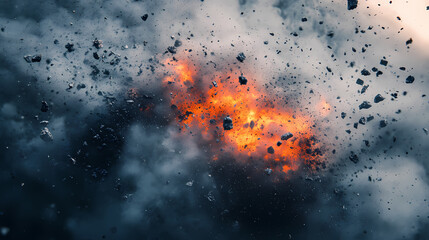 explosion of black coal in close-up macro photography of floating coals with a cloud of dust. sunpet
