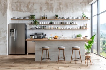 Bright kitchen interior with fridge, shelves with kitchenware, dining zone and panoramic window