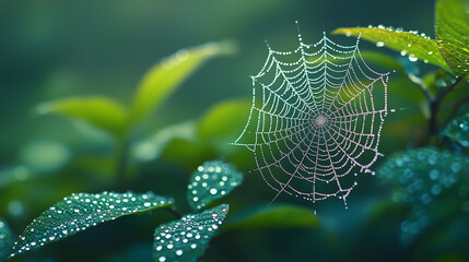 Morning Dew on Spider Web Amidst Forest Foliage