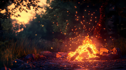 scene of a campfire in the wilderness, with detailed flames and embers showing warmth in a scenic outdoor setting, symbolizing warmth and companionship. Sunpetal. Illustration