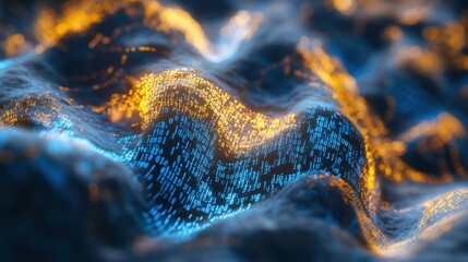 Poster - Digital Ocean: A mesmerizing visualization of binary code forming a wave-like structure, showcasing the beauty of data and technology.