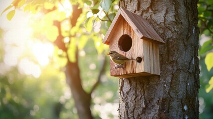 Poster - Wooden birdhouse hanging on a tree with small birds perched nearby in a sunny forest setting. Generative AI