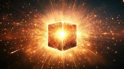 Poster - Abstract glowing D cube surrounded by floating particles and light beams on a dark gradient background.