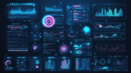 Poster - Abstract glowing holographic interface with floating menus and interactive digital controls.