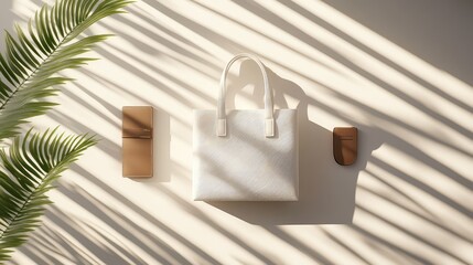 Poster - An overhead view of a clean minimalist shopping setup featuring a bag, a few items like organic products, and a wallet, with plenty of room for minimalist brand messaging.