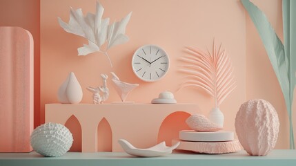 Poster - A flat lay of stylish home accessories like a clock, a plant, and decorative items, arranged on a soft background with enough space for a lifestyle product ad.