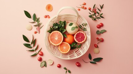 Poster - A minimalist flat lay of a shopping basket with grocery items like fresh produce, packaged food, and snacks, with plenty of room for product messaging.