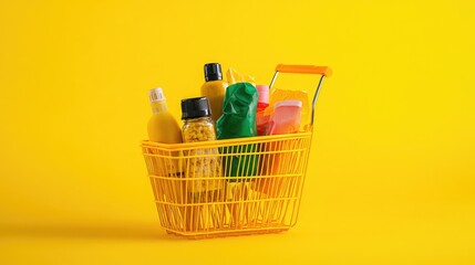 Poster - a shopping basket filled with discount items, placed on a neutral surface, with room for sale graphi