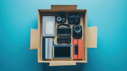 Poster - A simple top-down shot of a shopping parcel filled with neatly arranged shopping items like electronics, books, and accessories, placed on a clean background.