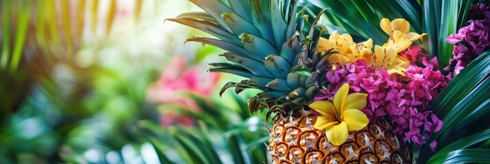 Fototapete - Bright tropical arrangement featuring pineapple surrounded by vibrant flowers and lush green foliage in a garden setting. Generative AI