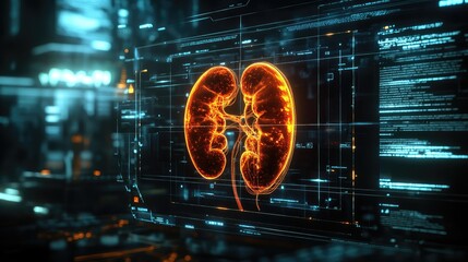 Poster - Digital rendering of a kidney model with highlighted blood vessels and structures on a futuristic medical interface.