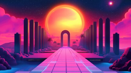 Poster - Elegant futuristic gradient with glowing pathways and geometric grids, symbolizing connectivity and progress.