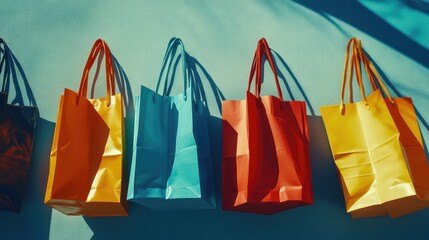 Poster - Flat lay of colorful shopping bags with a neutral background, leaving plenty of space for any promotional message or text.