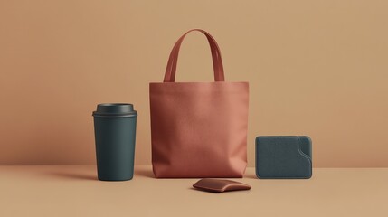 Poster - Flat lay of minimalist shopping products a tote bag, reusable coffee cup, and wallet arranged neatly on a soft background, leaving room for minimalist habit branding.