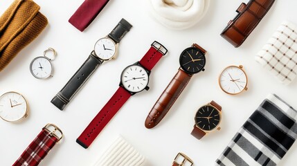 Poster - Flat lay of trendy accessories such as watches, scarves, and bags placed on a soft background, with enough space for fashion-related copy.