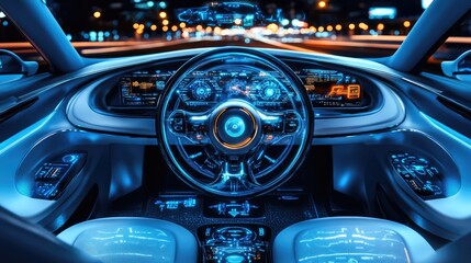 Poster - Futuristic glowing dashboard with interactive holographic controls, circular patterns, and light trails.