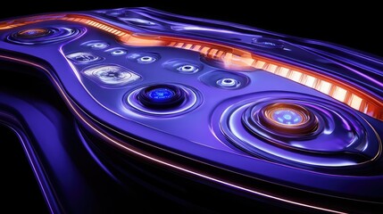 Poster - Futuristic glowing dashboard with interactive holographic controls, circular patterns, and light trails.