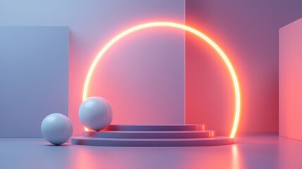 Poster - Futuristic glowing light trails and floating geometric shapes on a clean gradient background, symbolizing evolution.