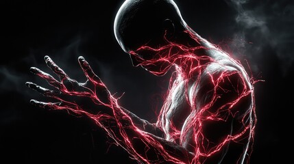 Poster - High-tech medical illustration featuring a glowing human nervous system in a sleek abstract layout.