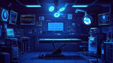 Poster - illustration of medical equipment in a futuristic style with glowing elements and clean geometry.