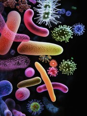 Leinwandbilder - Sequence of evolving bacteria showcasing diverse forms and vibrant colors in a microscopic view. Generative AI