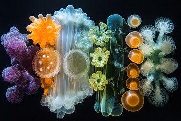 Leinwandbilder - Evolution of bacteria showcasing diverse shapes and colors in a biological study setting. Generative AI