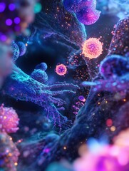 Fototapete - Exploring molecular interactions with microbes in vibrant and dynamic environments. Generative AI