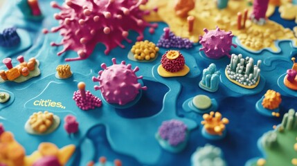 Aufkleber - Playful map depicting bacteria colonies as colorful cities filled with whimsical details and vibrant designs. Generative AI