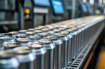 Poster - A Sleek Production Line of Silver Aluminum Cans on a Conveyor Belt in a Modern Beverage Manufacturing Facility Celebrating Efficiency and Precision in Beverage Industry