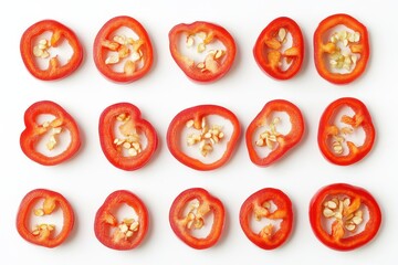 Poster - Closeup of sliced red chili peppers on a white surface