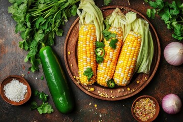 Poster - Close up view of Esquites a Mexican corn salad with jalapeno cilantro Cotija cheese onion and spices served on a plate