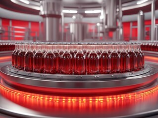 Poster - Bottles of Red Beverage on Production Line in Modern Factory with Industrial Equipment and Vibrant Lighting, Close-Up View of Glass Containers in Manufacturing Process