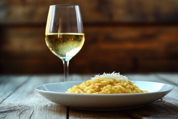 Poster - Country style meal saffron risotto on a white plate with white wine and parmesan on a wooden table