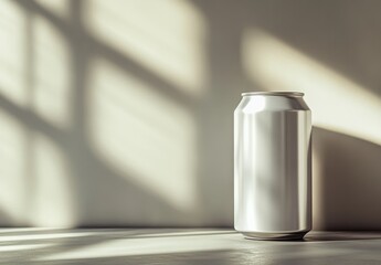 Poster - Minimalistic White Aluminum Can Standing on a Surface with Soft Natural Light and Shadows Creating an Artistic Background in a Contemporary Setting
