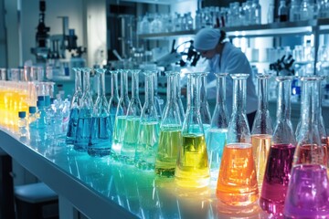 Aufkleber - Laboratory filled with colorful test tubes and microscopes showcasing scientific experimentation and analysis in progress. Generative AI