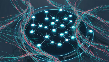 Poster - glowing network of nodes surrounded by swirling data streams, illustrating virtual asset ecosystems 