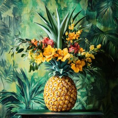 Poster - Creative floral arrangement featuring vibrant flowers in a pineapple vase on a tropical backdrop. Generative AI