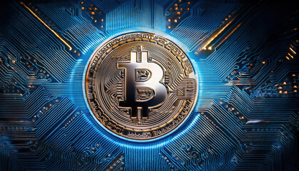 Poster - close up of circuit board featuring glowing cryptocurrency symbol, showcasing technology and finance