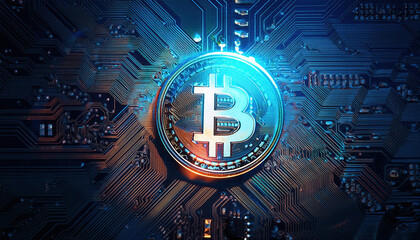 Poster - close up of circuit board featuring glowing cryptocurrency symbol, showcasing technology and innovat