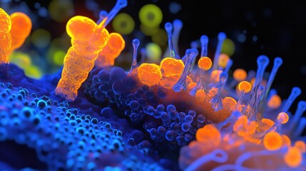 Fototapete - Close up view of molecular interactions showing vibrant microbes in their natural environment. Generative AI