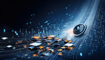 Poster - digital assets scattering into binary code, creating dynamic visual effect
